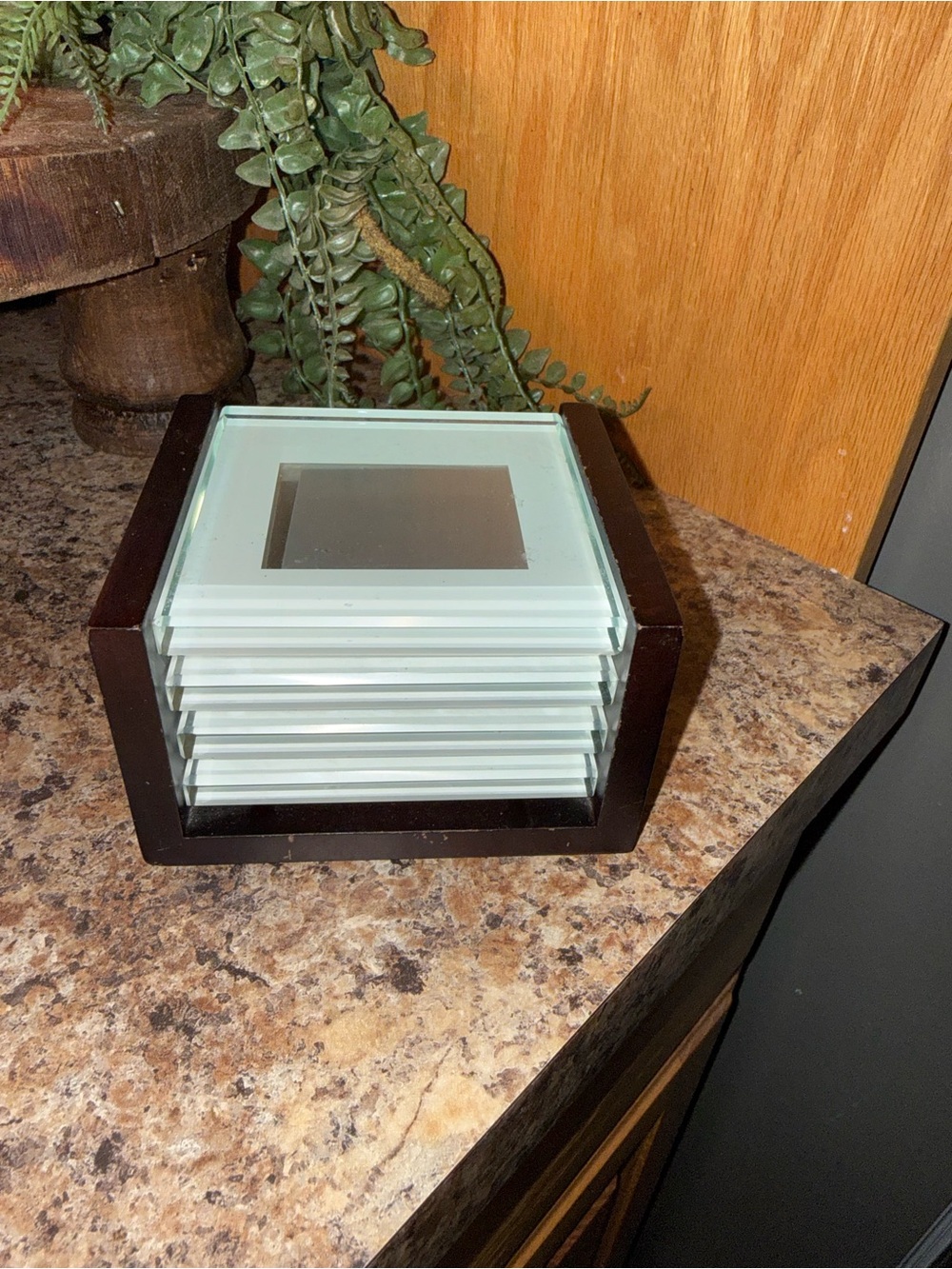 Crate & Barrel Swing Espresso Photo Coasters Square Glass SET 4 & Holder
